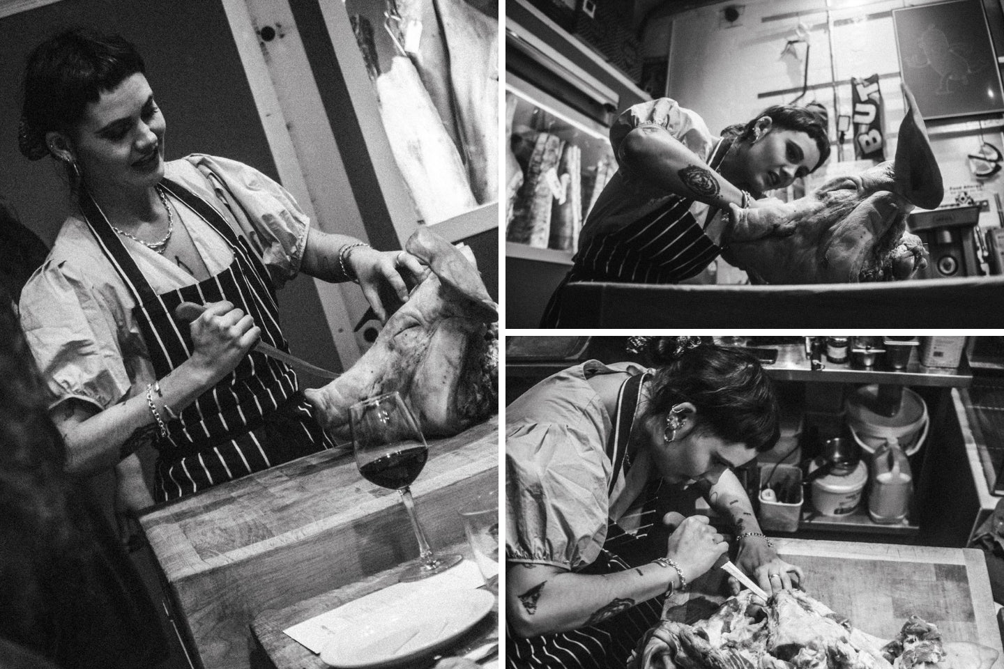 A montage of three black and white photos of Flora Phillips butchering a pig's head.