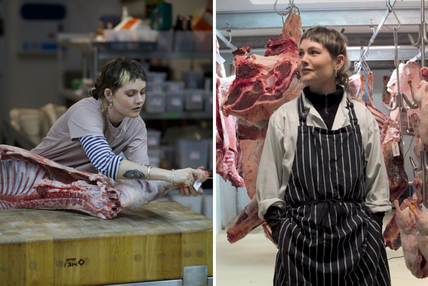 A montage of two photos, one showing Flora Phillips butchering or standing in front of some carcasses.