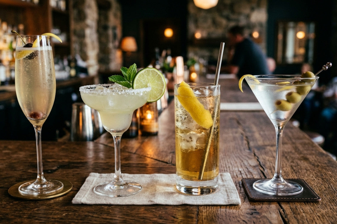 Four cocktails on a wooden bar with a blurred bar background